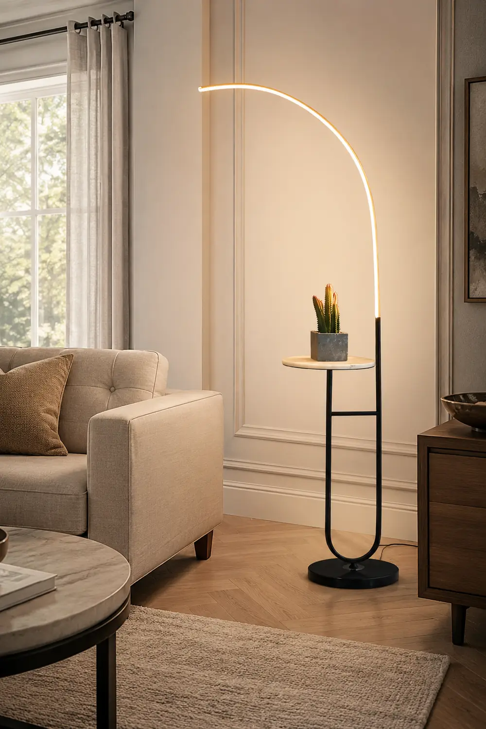 Edge Floor Lamp Bedside Table Modern, Marble/Acrylic, Black, Bedroom - Lumpaz