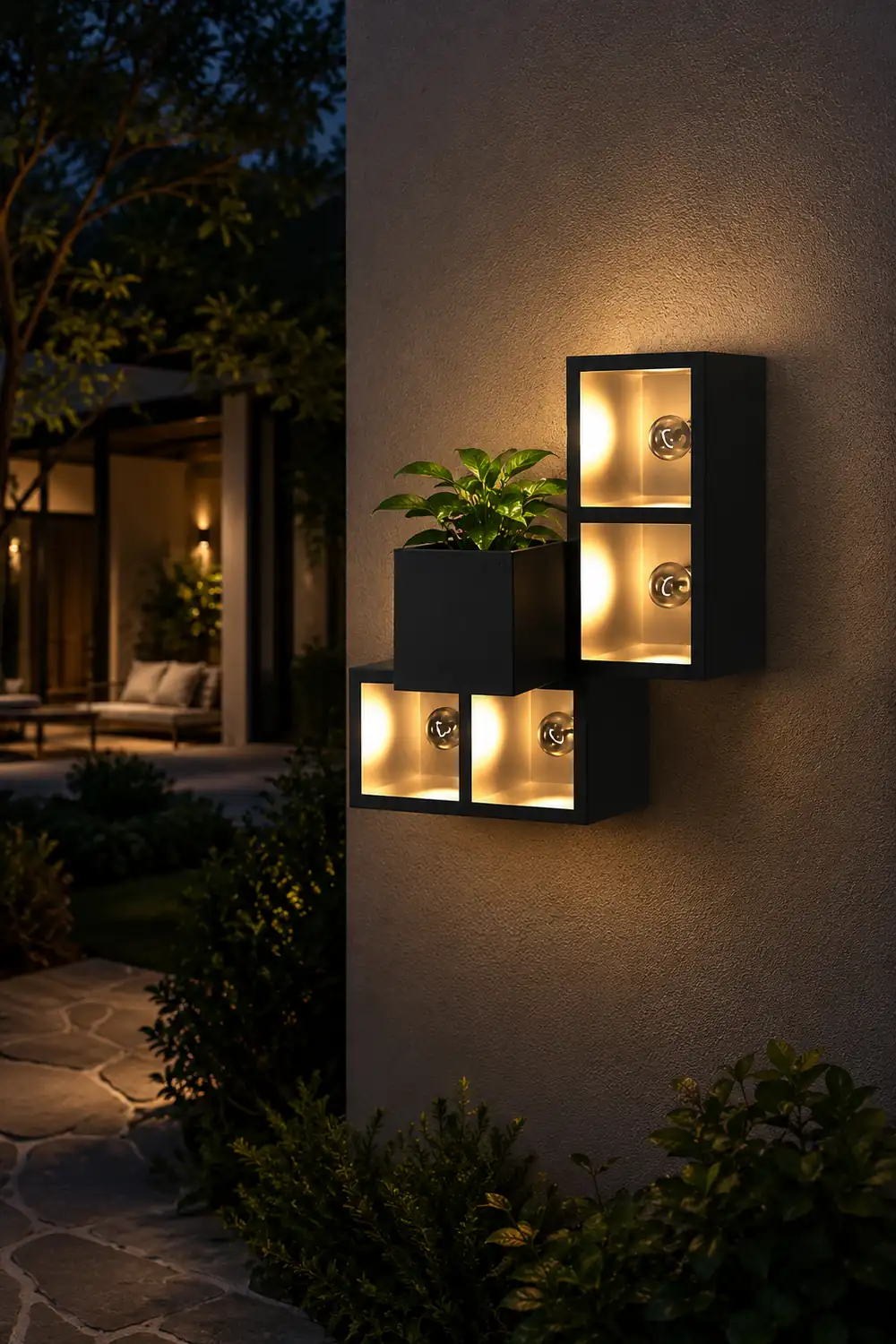 Waterproof Creative Square Combination LED Black Wall Lamp with Flowerpot - Lumpaz
