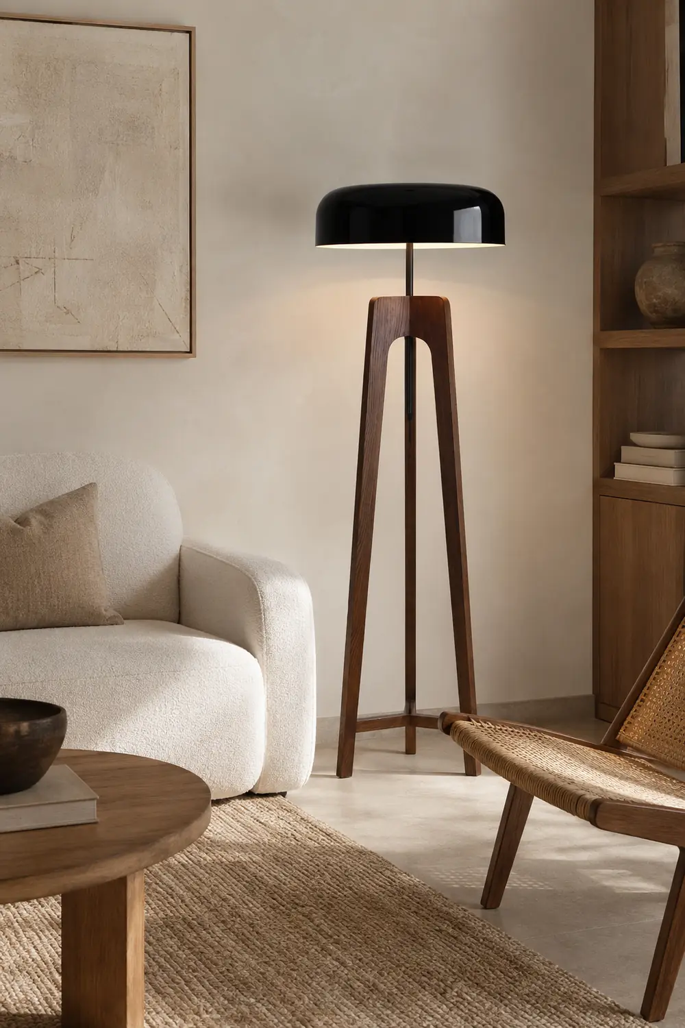 Ozawa Modern Bowl Tripod Wood Metal Floor Lamp, Black/White - Lumpaz