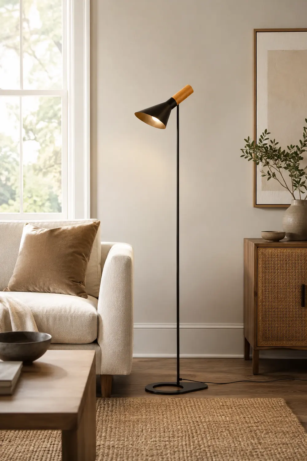 Carins Modern Minimalist Metal/Wood Floor Lamp, Black/White - Lumpaz