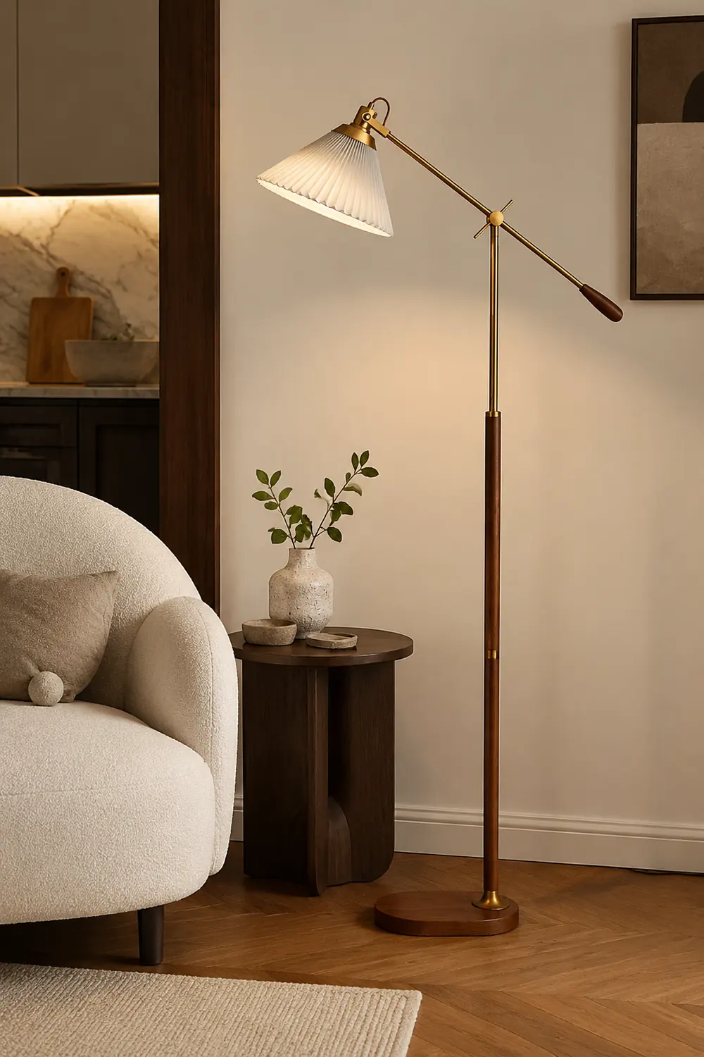 Ozawa Floor Lamp Pleated Retro, Metal/Wood, Living Room - Lumpaz