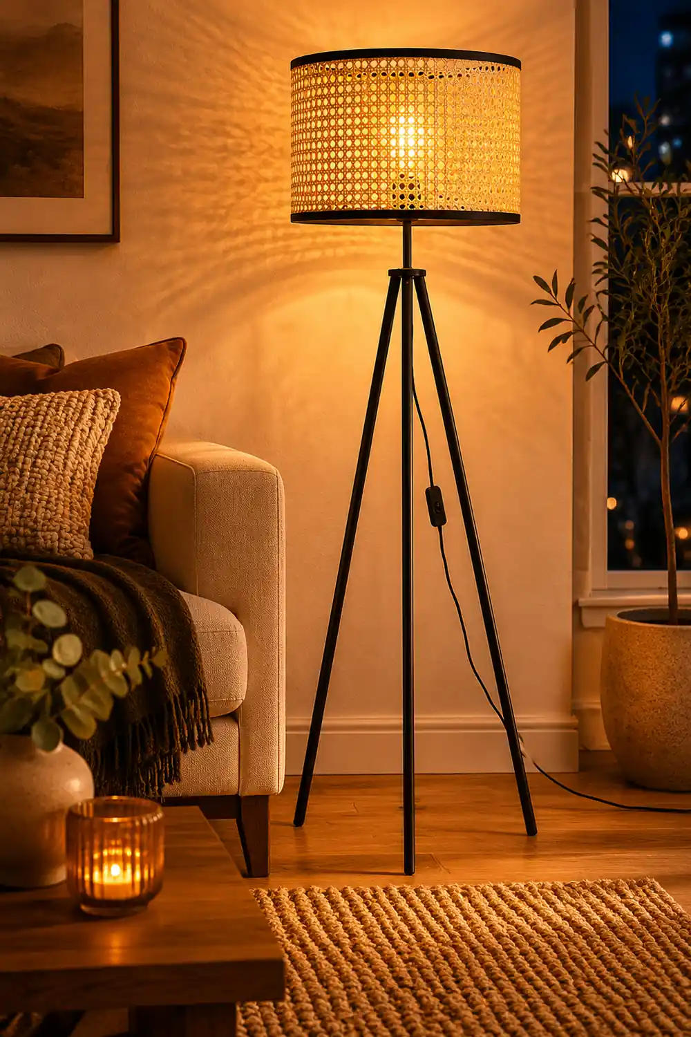 Ritta Natural Tripod Floor Lamp, Rattan/Willow Weave - Lumpaz
