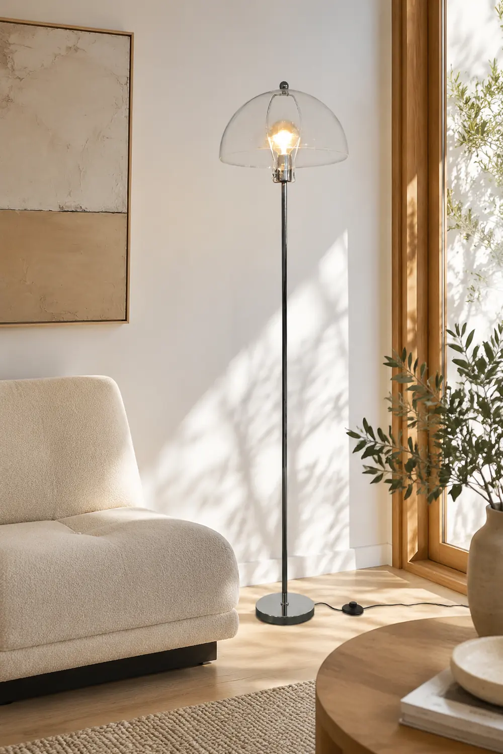 Levy Floor Lamp Round Tree Retro, Glass LED, Transparent, Living Room - Lumpaz