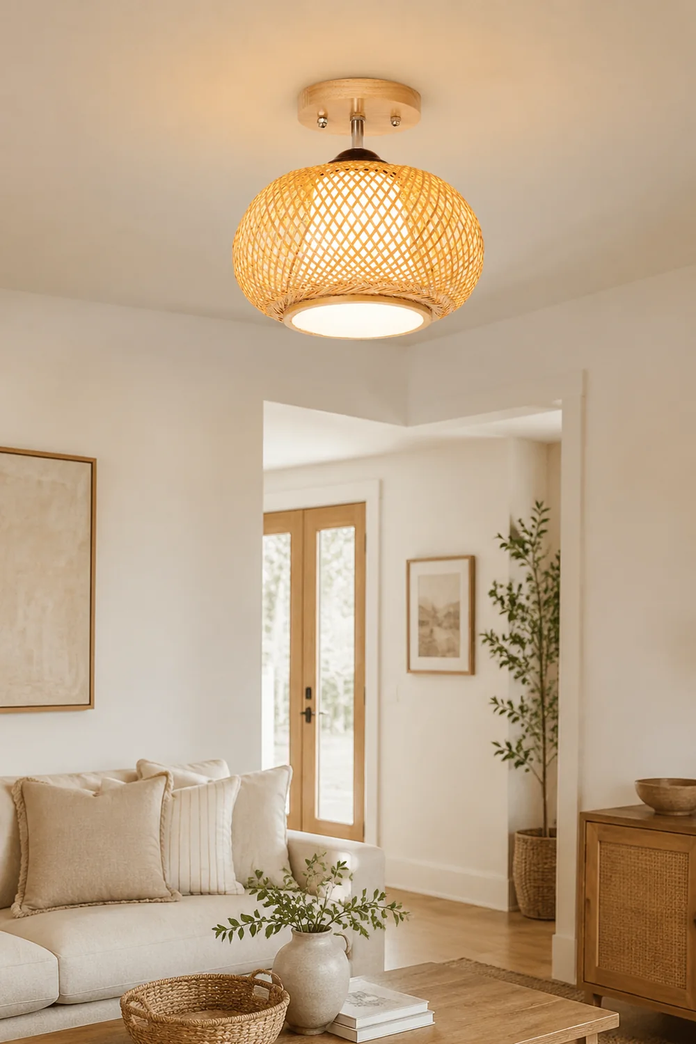 Muto Boho Flush Mount Rattan Ceiling Light, Living Room - Lumpaz