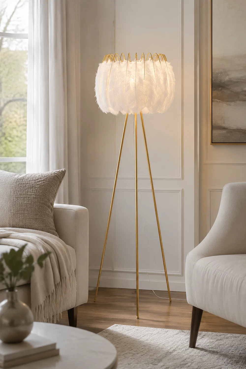 O'Moore Artistic Tripod Feather Floor Lamp, White - Lumpaz