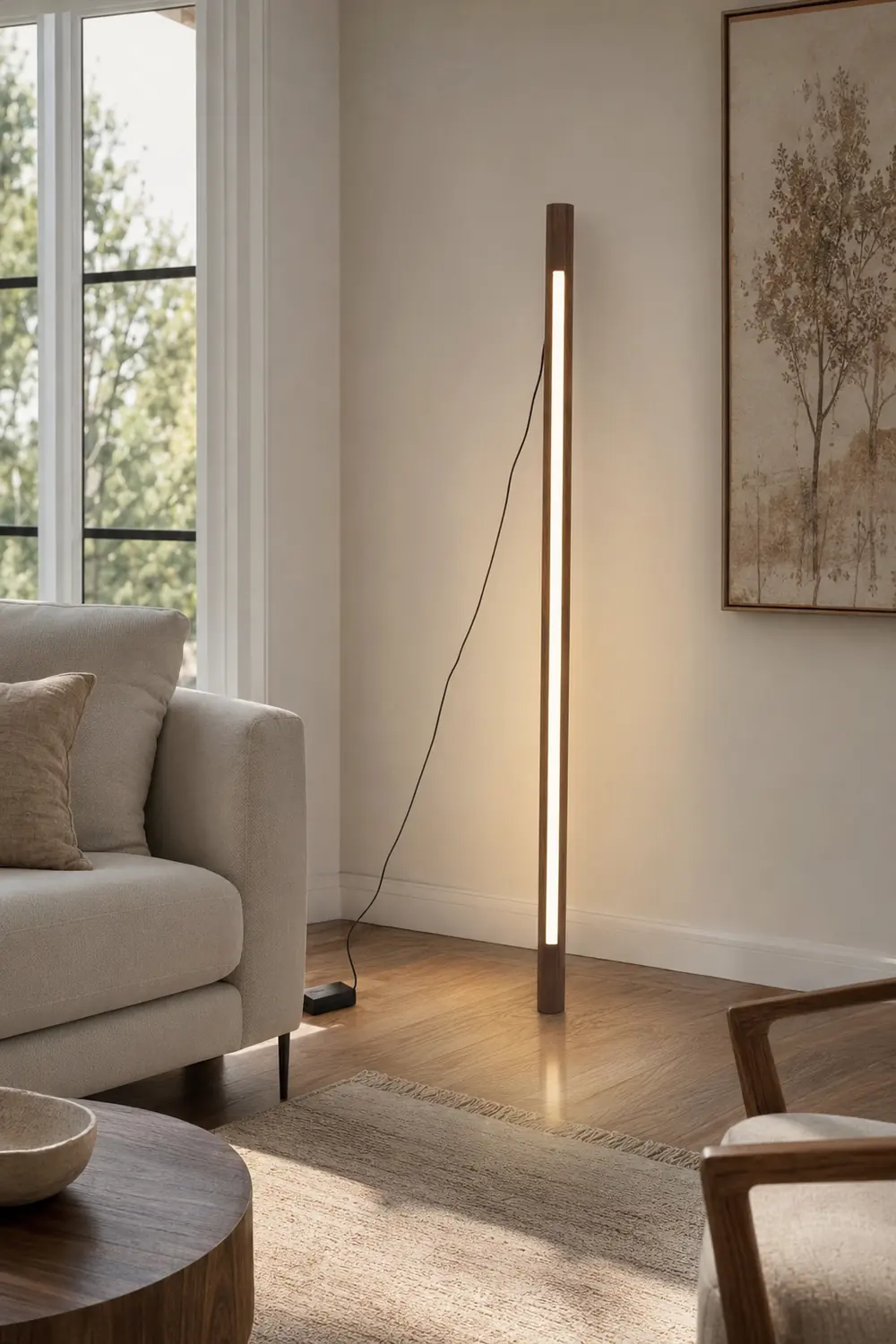 Ozawa Minimalist Linear Floor Lamp, Wood/Acrylic, Living Room - Lumpaz