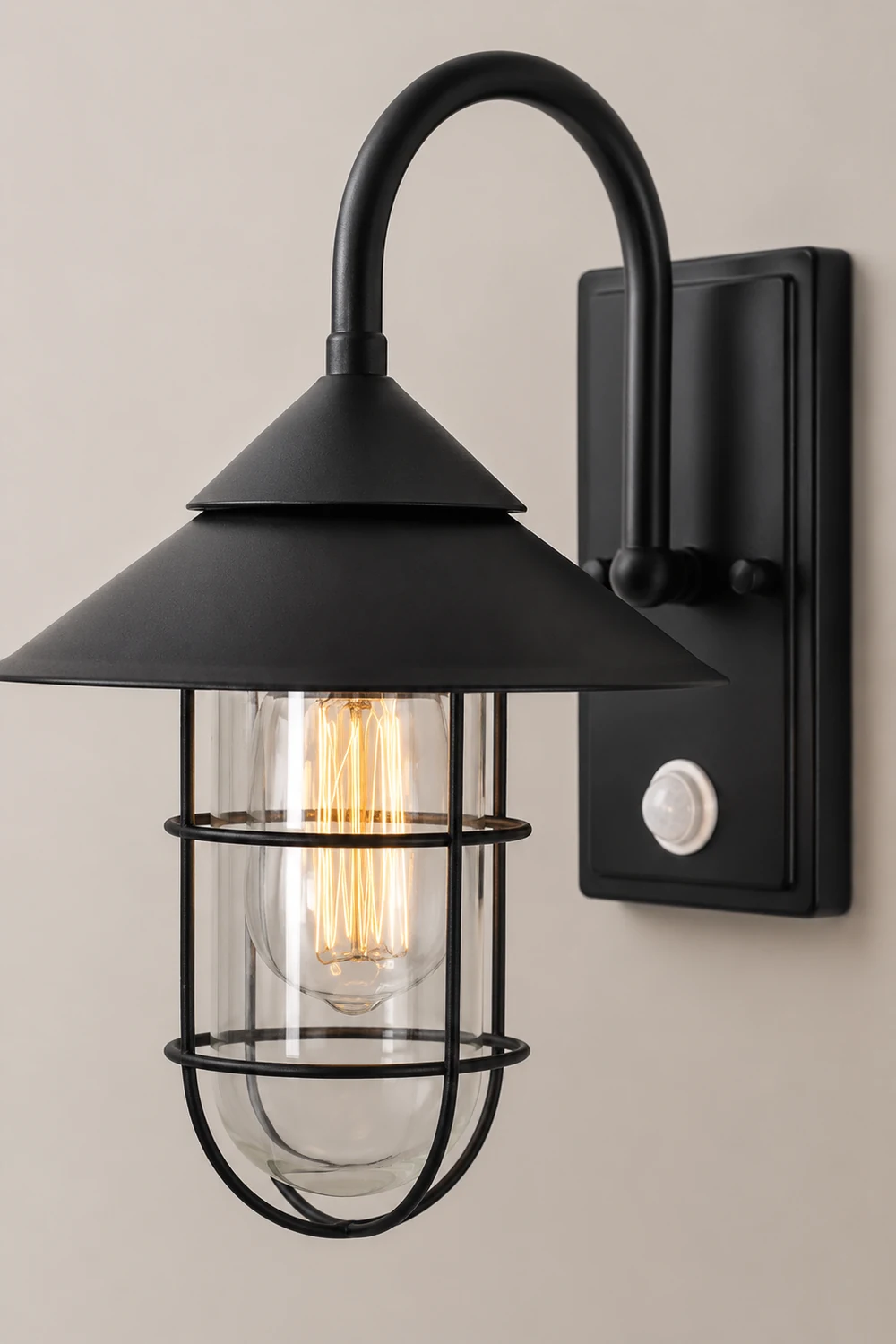 Retro Round Iron Glass Waterproof Motion Sensor Black Outdoor Wall Lights - Lumpaz
