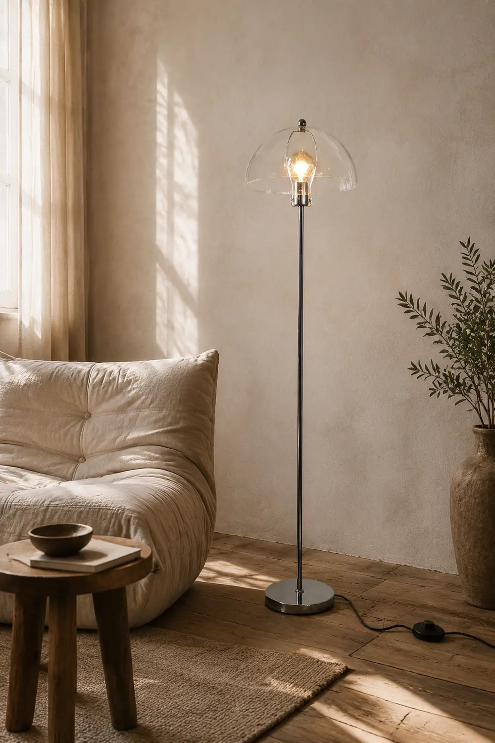 Levy Floor Lamp Round Tree Retro, Glass LED, Transparent, Living Room - Lumpaz