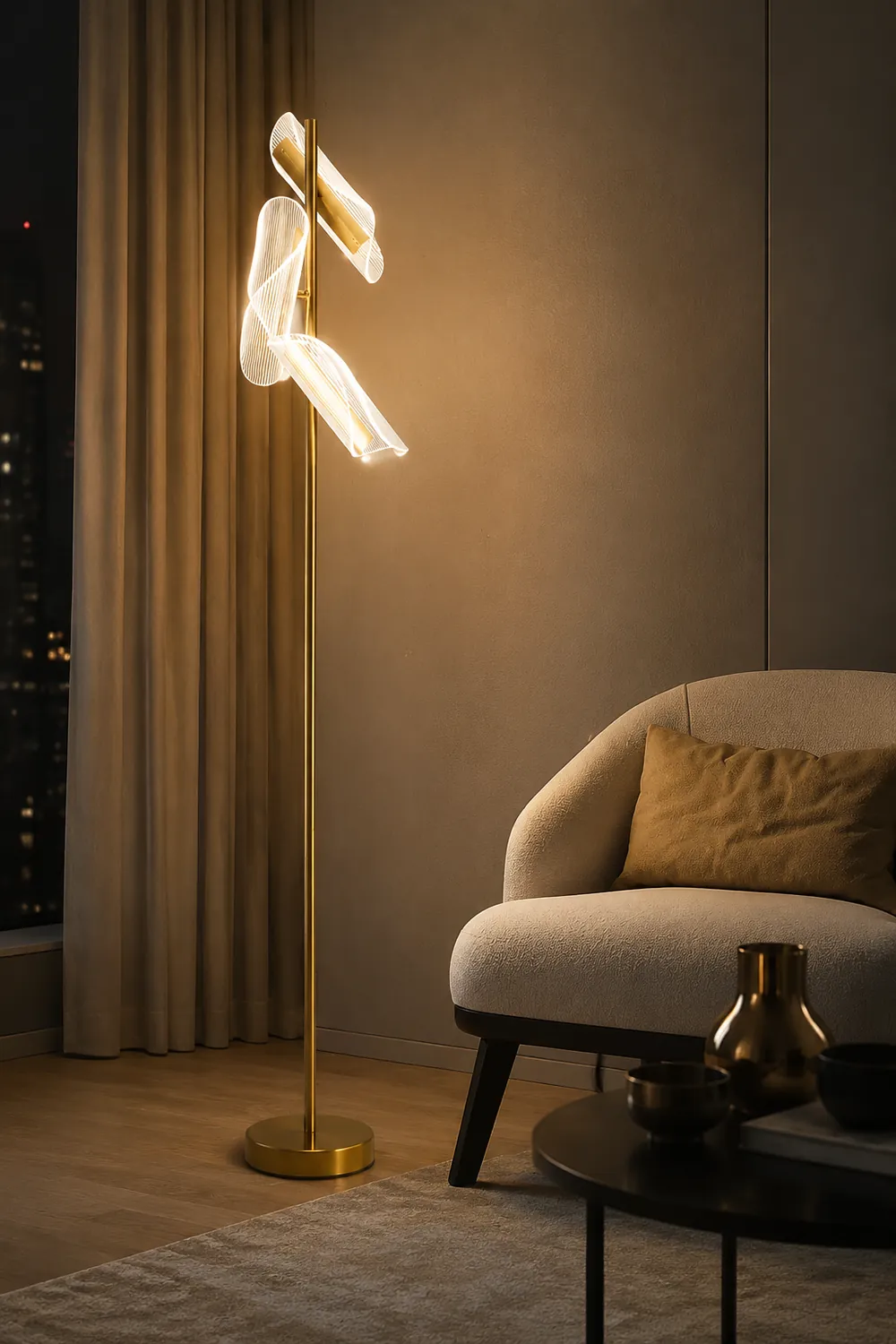 Salgado Floor Lamp Waves/3 Heads Modern, Acrylic, Gold/White, Living Room - Lumpaz