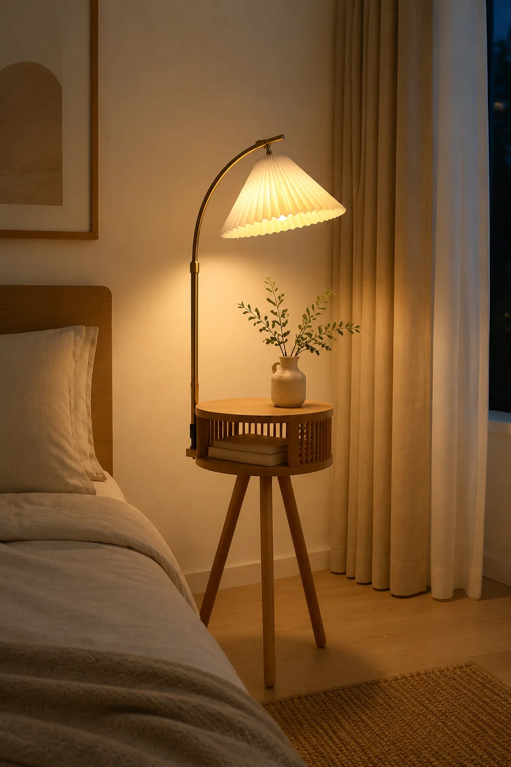 Ozawa Retro Pleated Metal & Wood Floor Lamp /w Bedside Table - Lumpaz