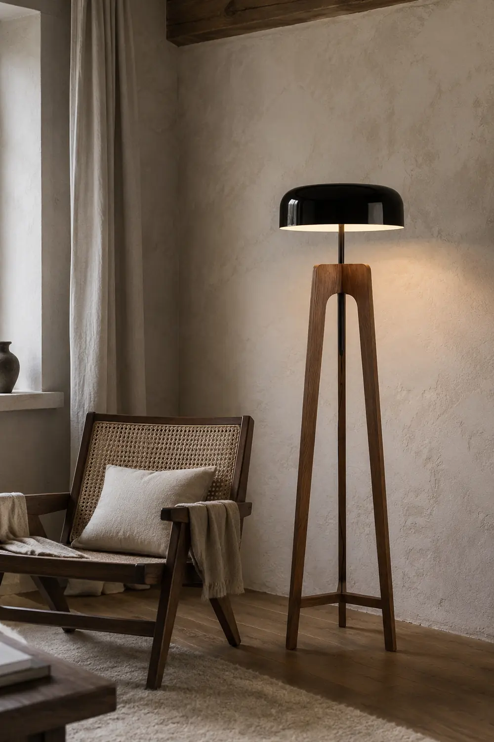 Ozawa Modern Bowl Tripod Wood Metal Floor Lamp, Black/White - Lumpaz