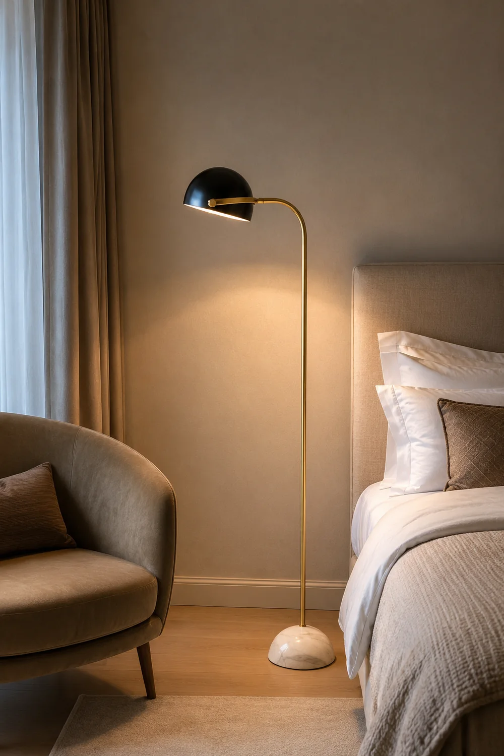 Eryn Floor Lamp Semi Circular Retro/Minimalist, Metal/Marble, Black, Bedroom - Lumpaz