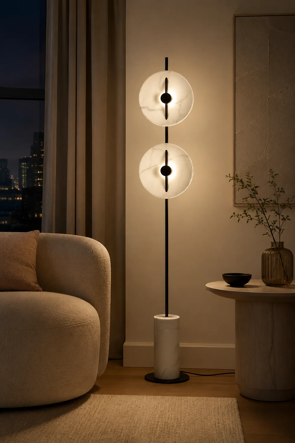 Salgado Modern Nordic Round Marble/Metal  Floor Lamp, White - Lumpaz