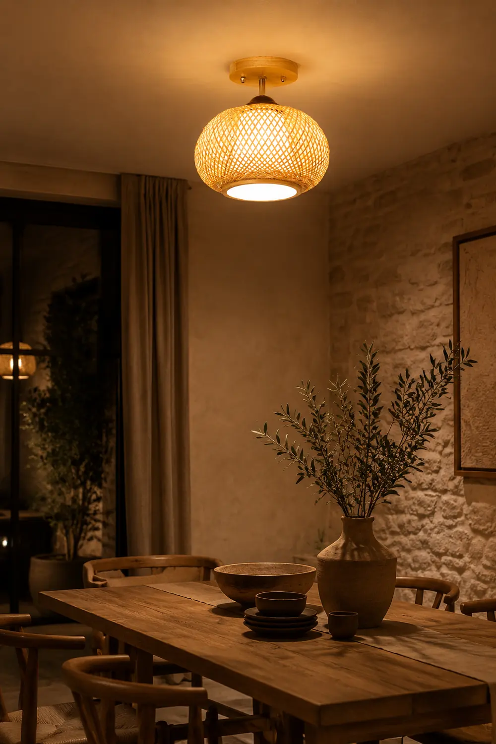 Muto Boho Flush Mount Rattan Ceiling Light, Living Room - Lumpaz