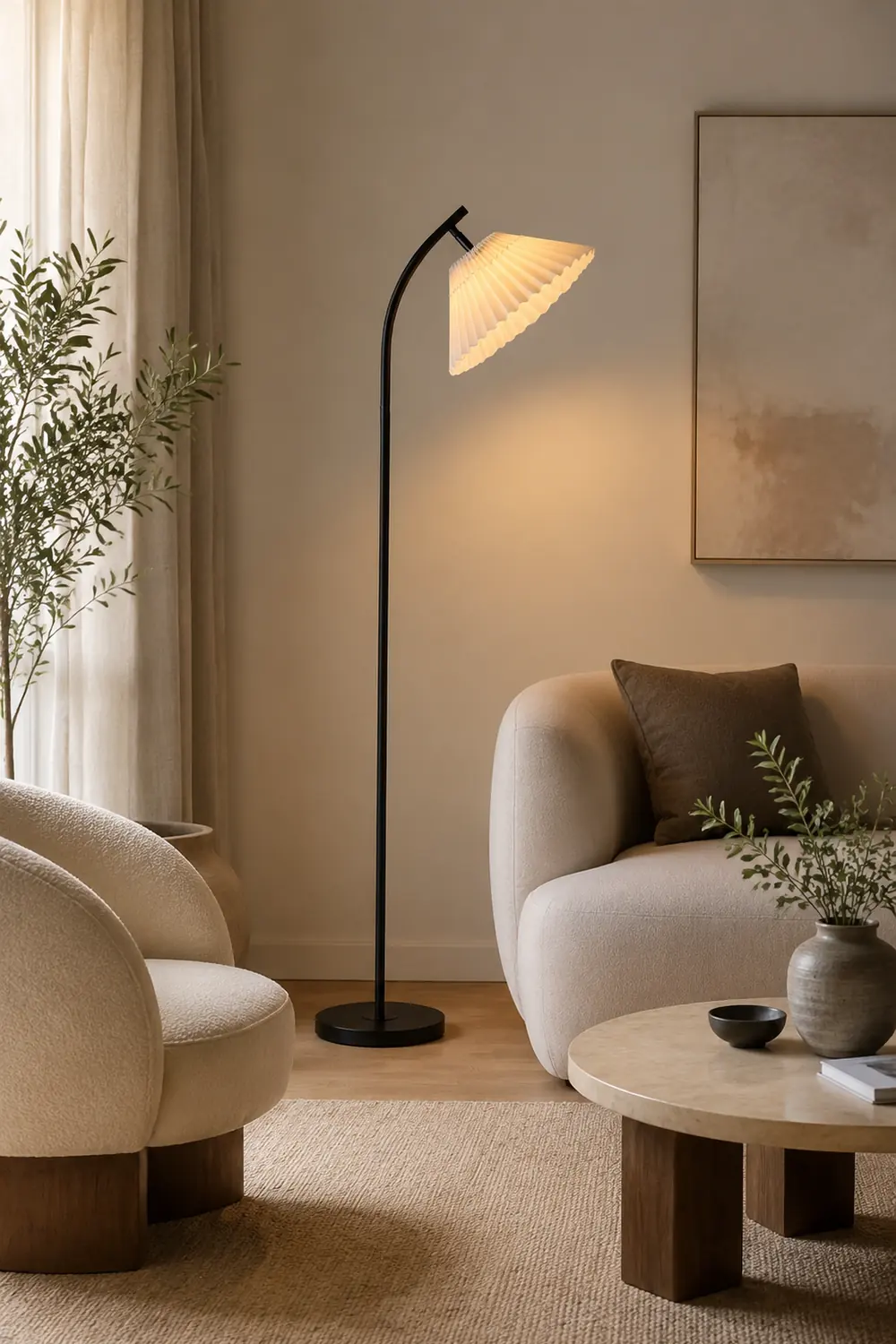 Ozawa Modern Arc Pleated Metal Fabric Floor Lamp, 3 Color - Lumpaz