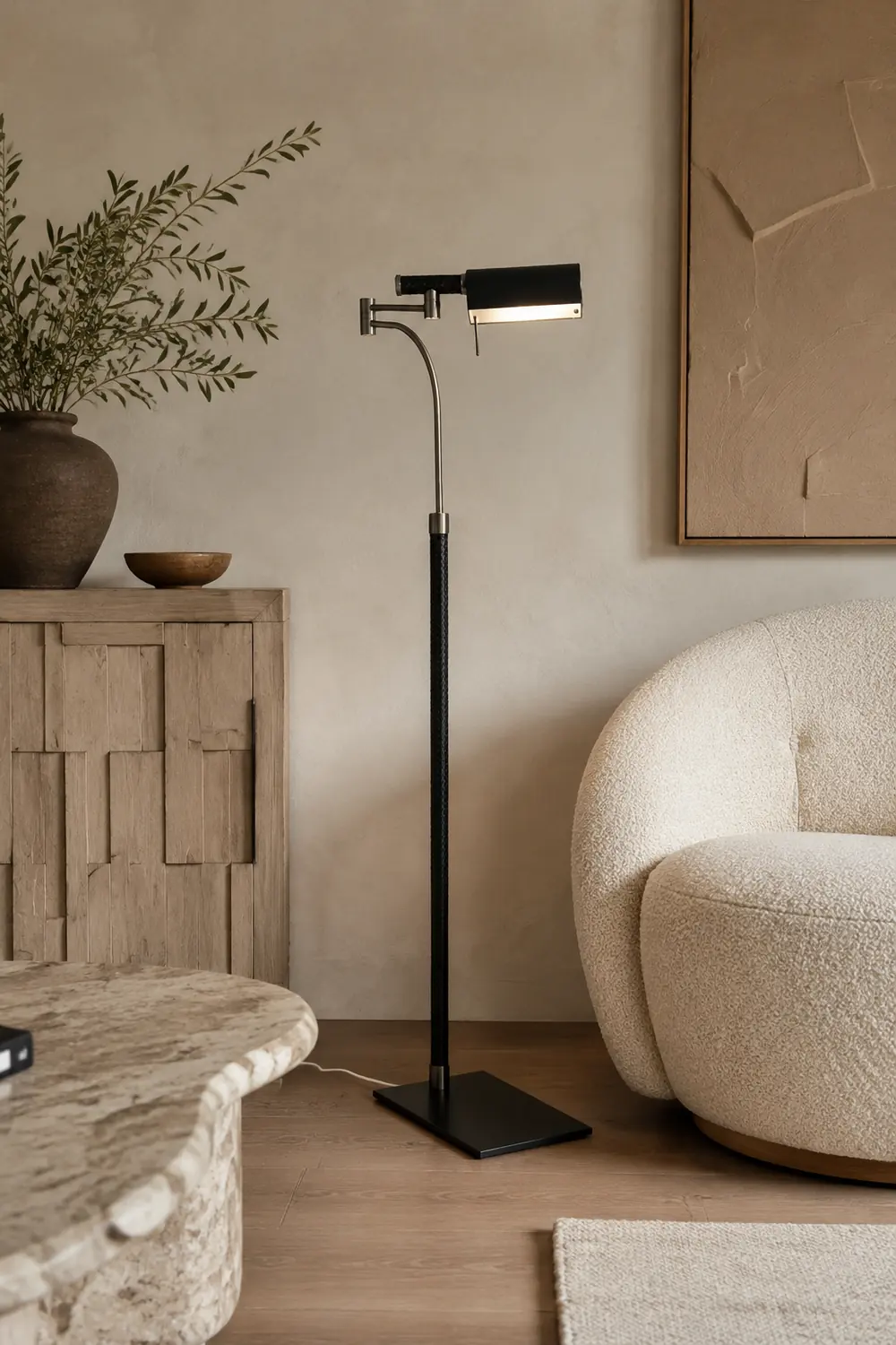 Salgado Design Modern Black Floor Lamp, Leather & Metal - Lumpaz