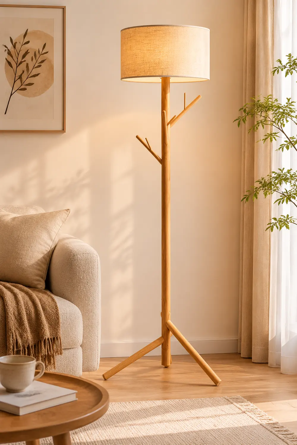 Muto Floor Lamp Japanese Tree, Beige, Fabric/Wooden - Lumpaz
