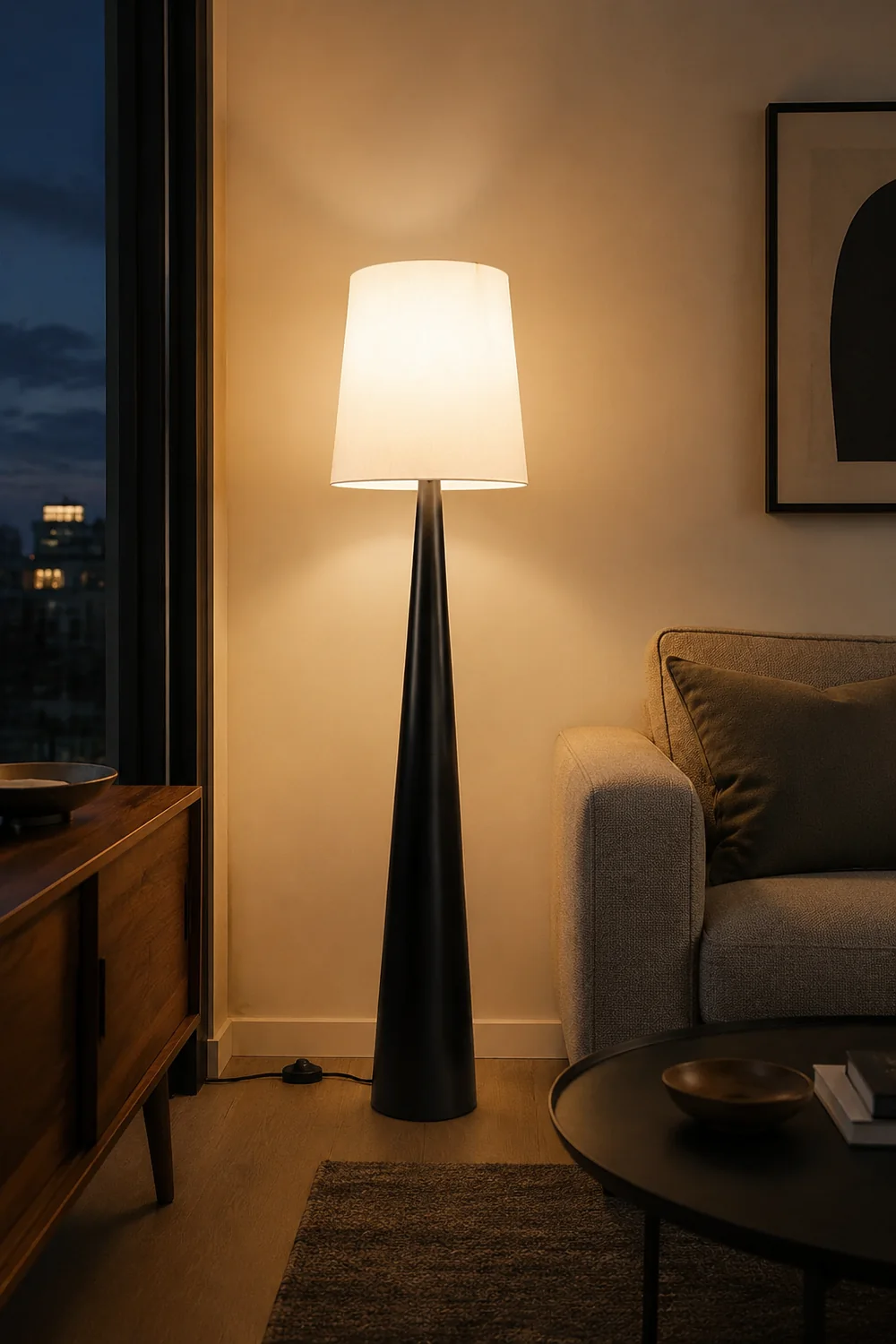 Eryn Floor Lamp Cone Shaped Nordic, Fabric Art, White, Living Room - Lumpaz