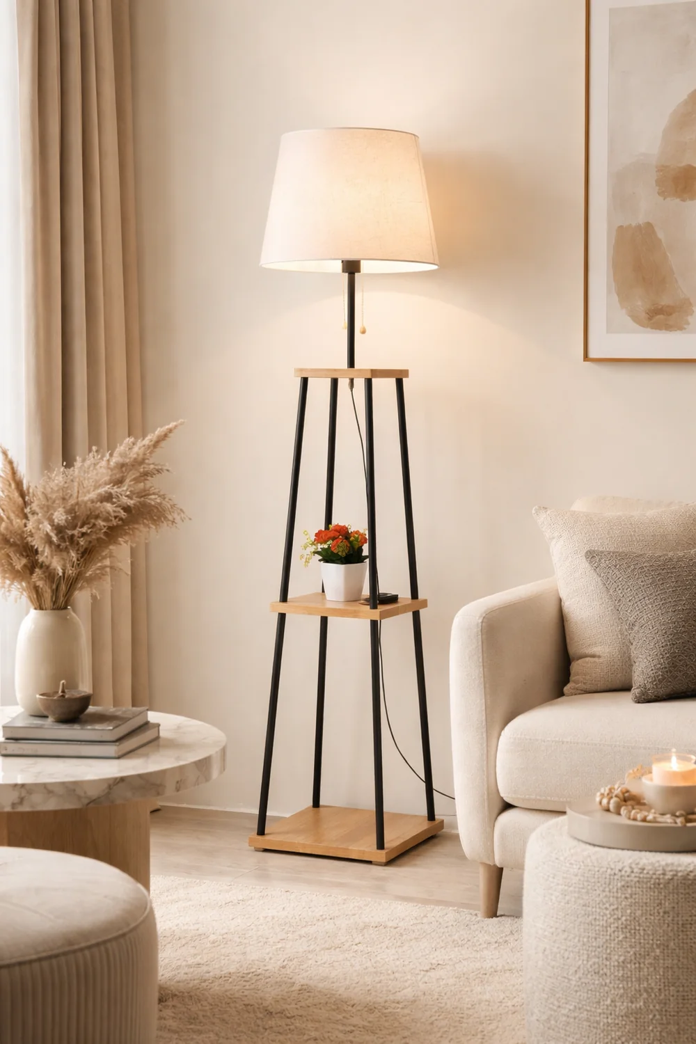Eryn Modern Cone Metal Fabric Floor Lamp /w Shelf ,Black - Lumpaz