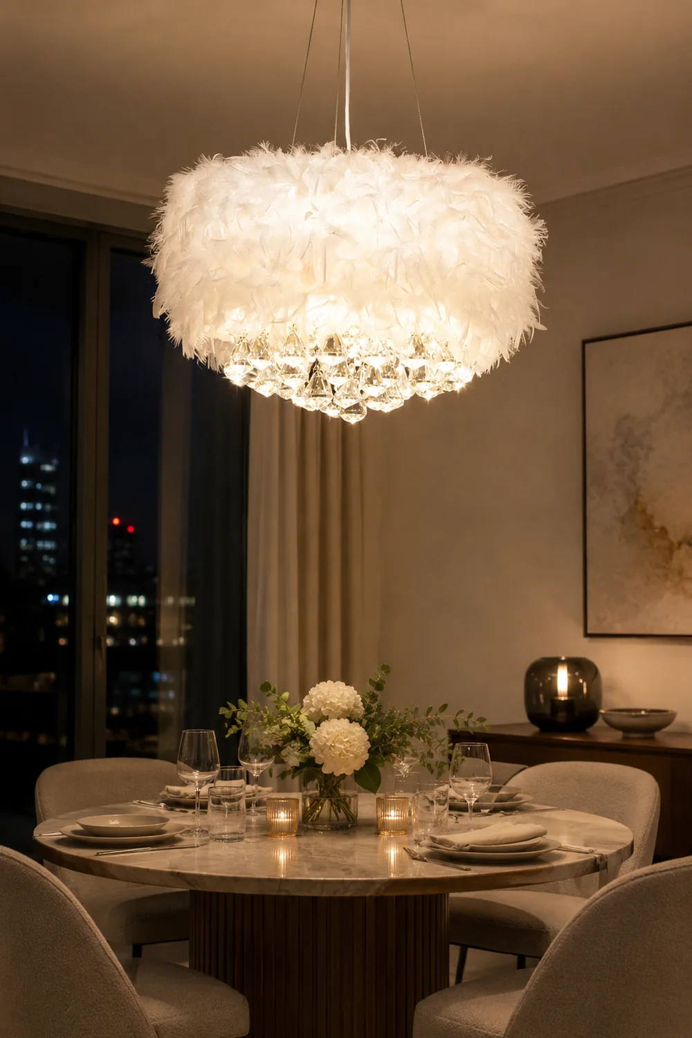 O'Moore Modern Luxury Round Chandelier, Feather/Crystal, White - Lumpaz
