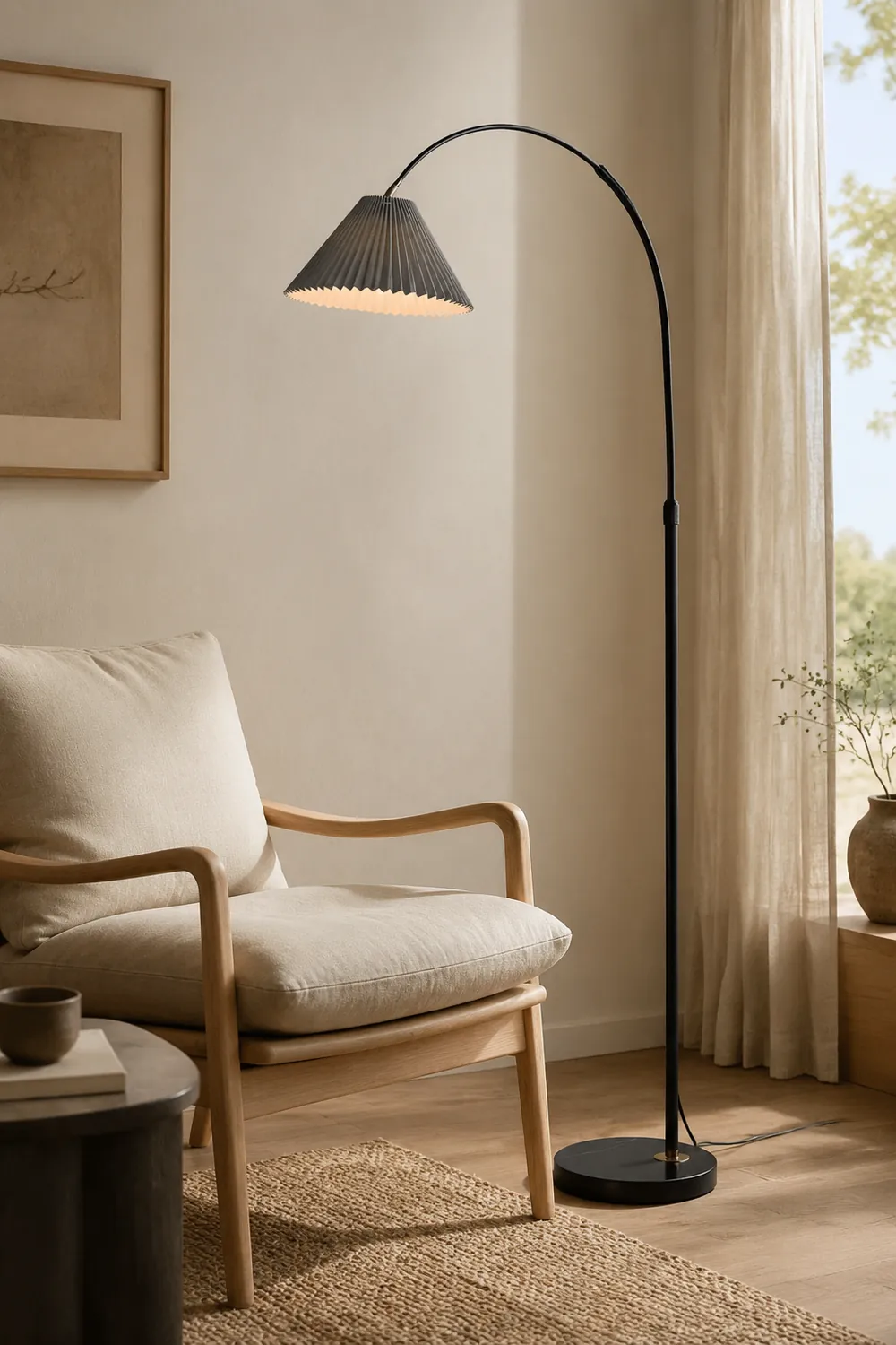 Eryn Floor Lamp Pleated Arc Nordic/Modern, Metal/Fabric, Multi-color, Study - Lumpaz