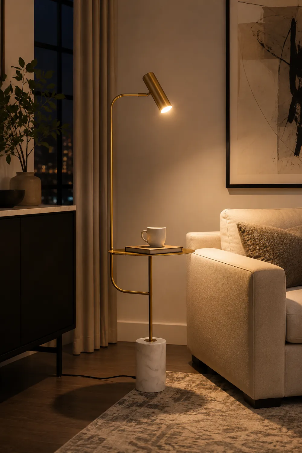 Salgado Minimalist Metal Floor Lamp With Table, Black/Gold - Lumpaz