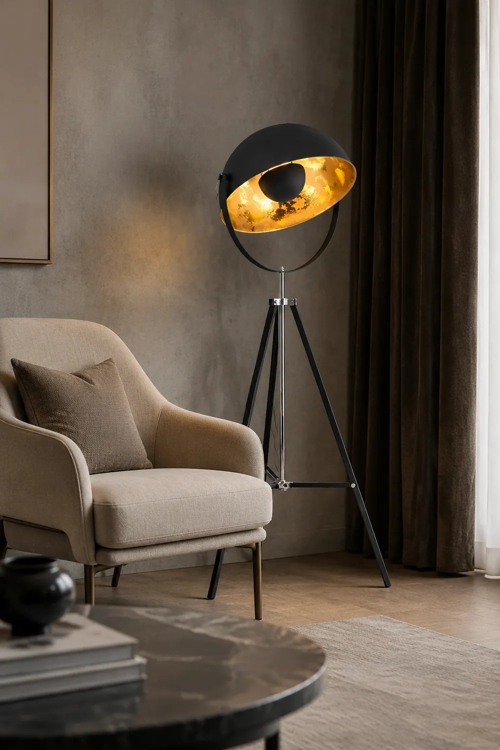 Salgado Vintage Industrial Tripod Metal projector floor lamp, Black - Lumpaz