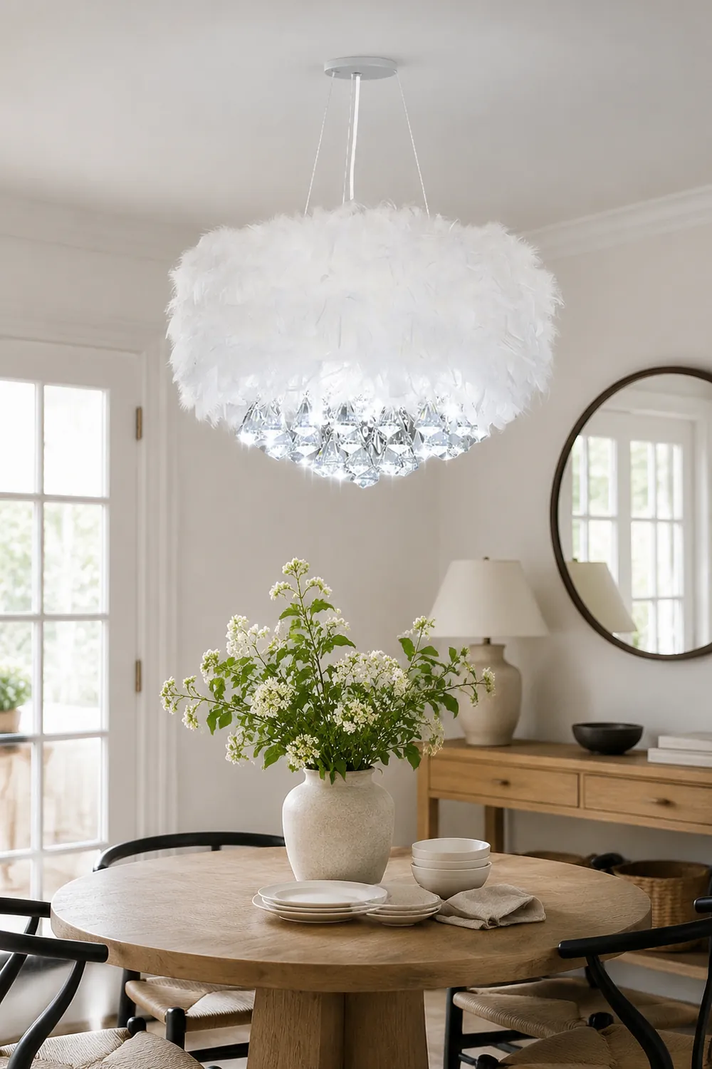 O'Moore Modern Luxury Round Chandelier, Feather/Crystal, White - Lumpaz