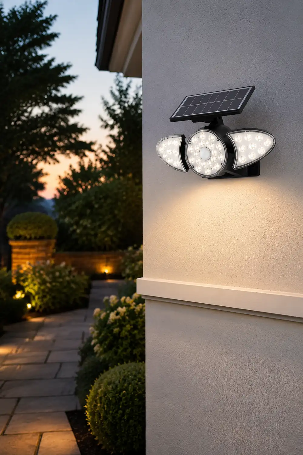 Solar Motion Security Light 3-Head Outdoor LED Wall Fixture with Motion Sensor - Lumpaz