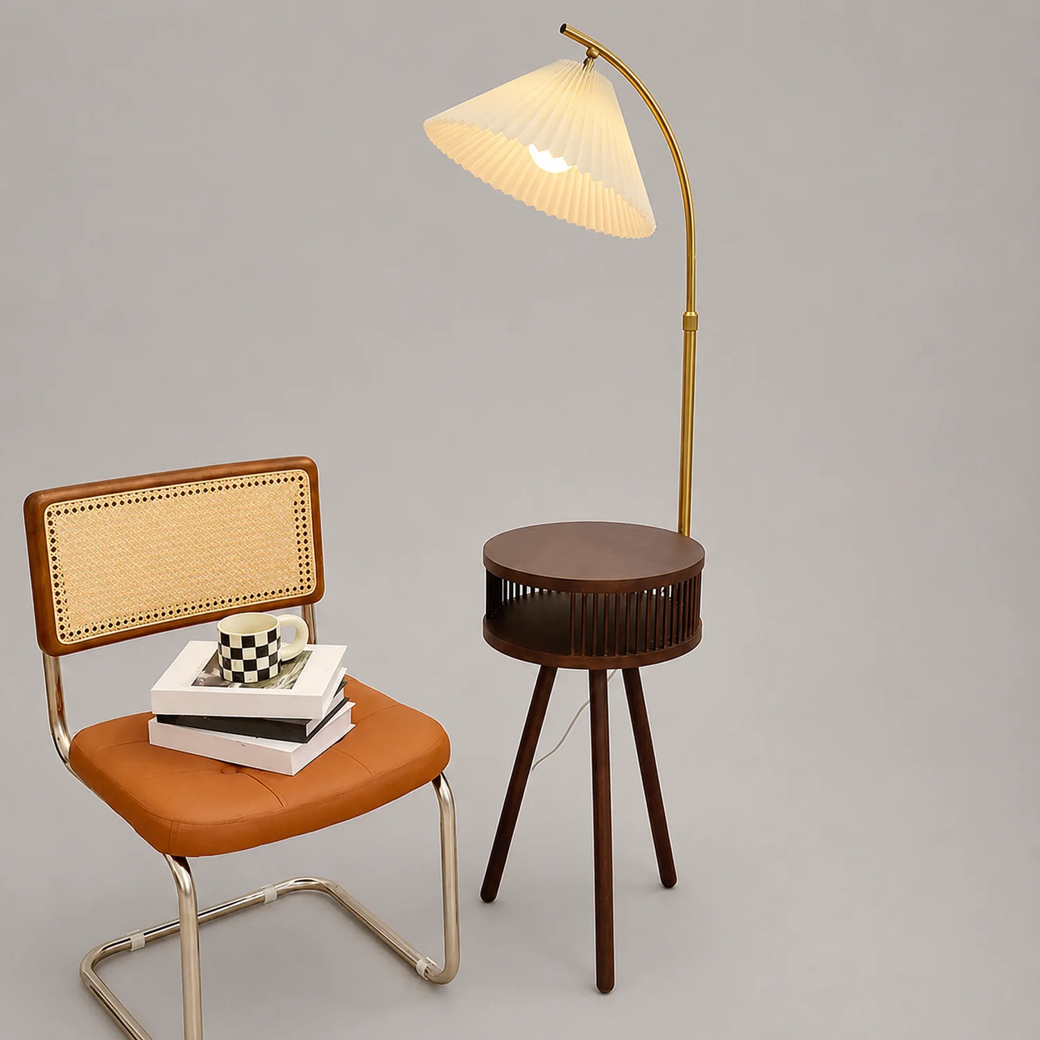 Ozawa Retro Pleated Metal & Wood Floor Lamp /w Bedside Table - Lumpaz