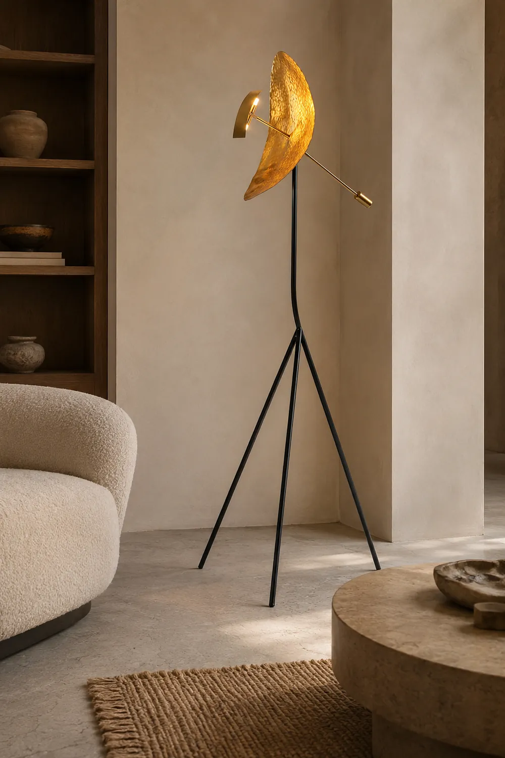 Salgado Floor Lamp Tripod Reflection Postmodern, Metal, Gold, Living Room - Lumpaz