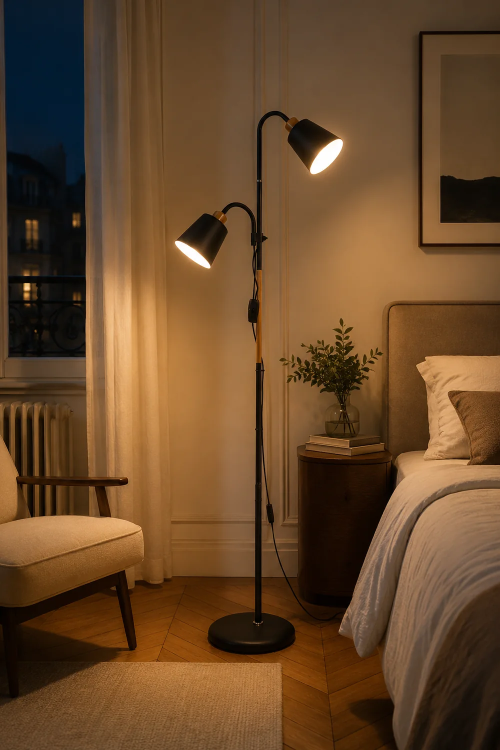 Eryn Floor Lamp Double Head Modern, Metal,Black/White, Bedroom - Lumpaz