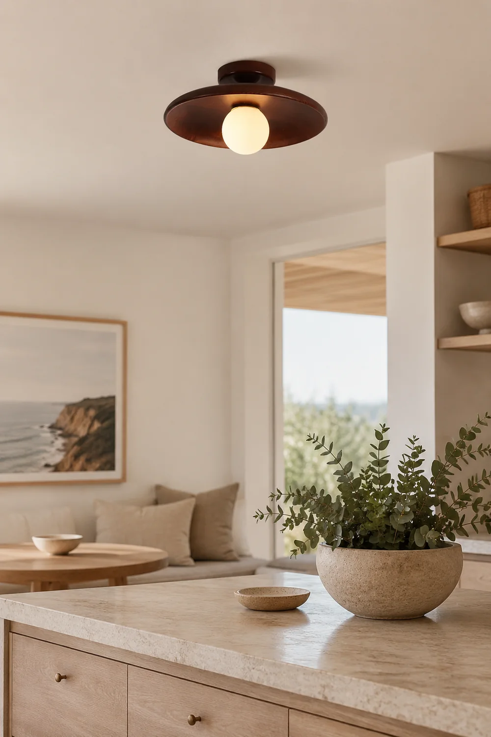 Carins Modern Round Flush Mount Ceiling Light Wood Walnut Bedroom - Lumpaz
