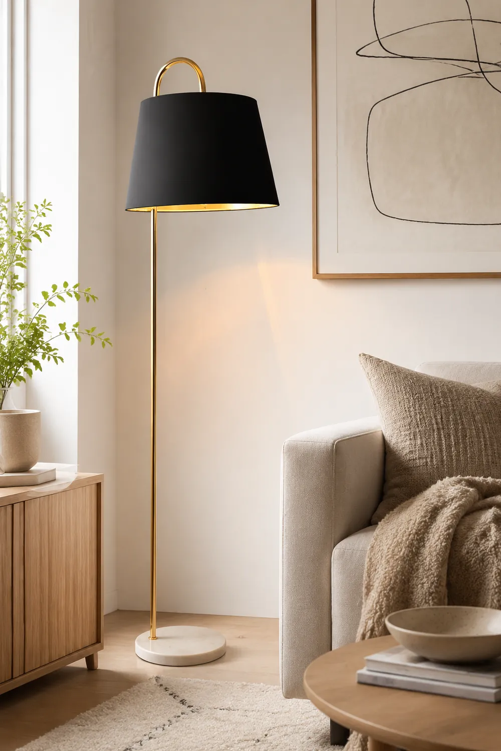 Eryn Modern Arch Cylinder Metal Fabric Floor Lamp, Black/White - Lumpaz