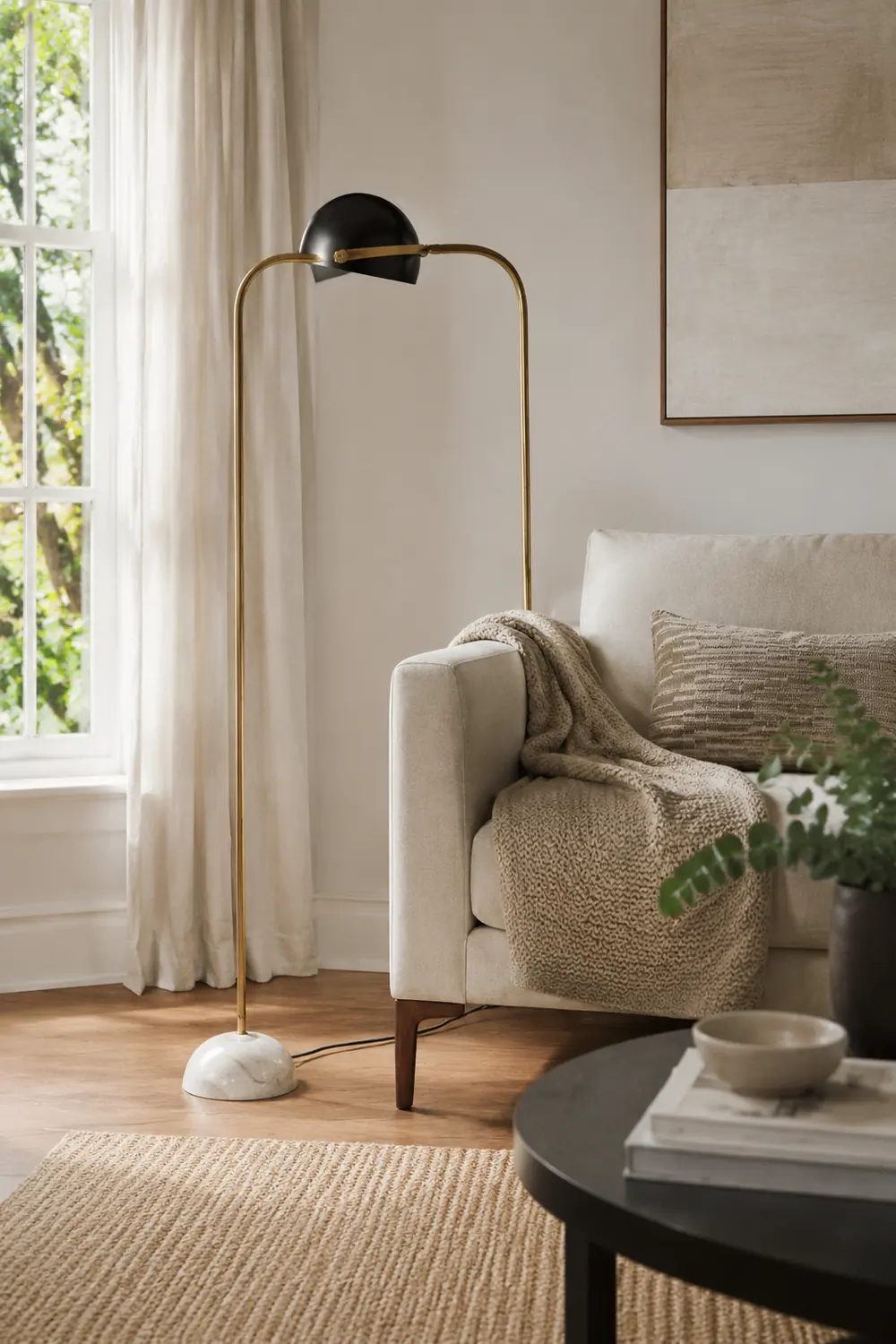 Eryn Floor Lamp Semi Circular Retro/Minimalist, Metal/Marble, Black, Bedroom - Lumpaz