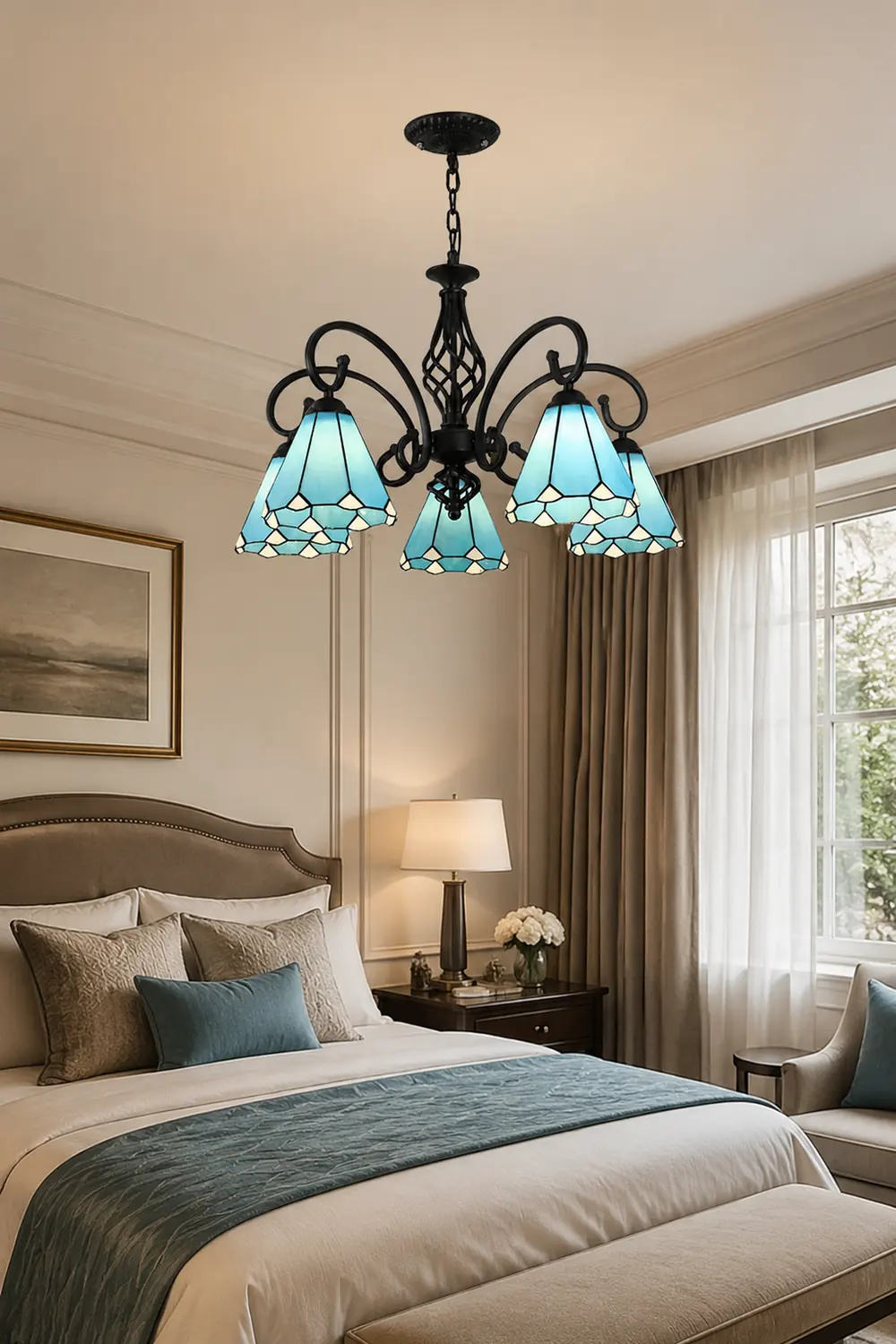 Silva Tiffany Mediterranean Branch Metal Chandelier, White/Blue/Navy Blue - Lumpaz