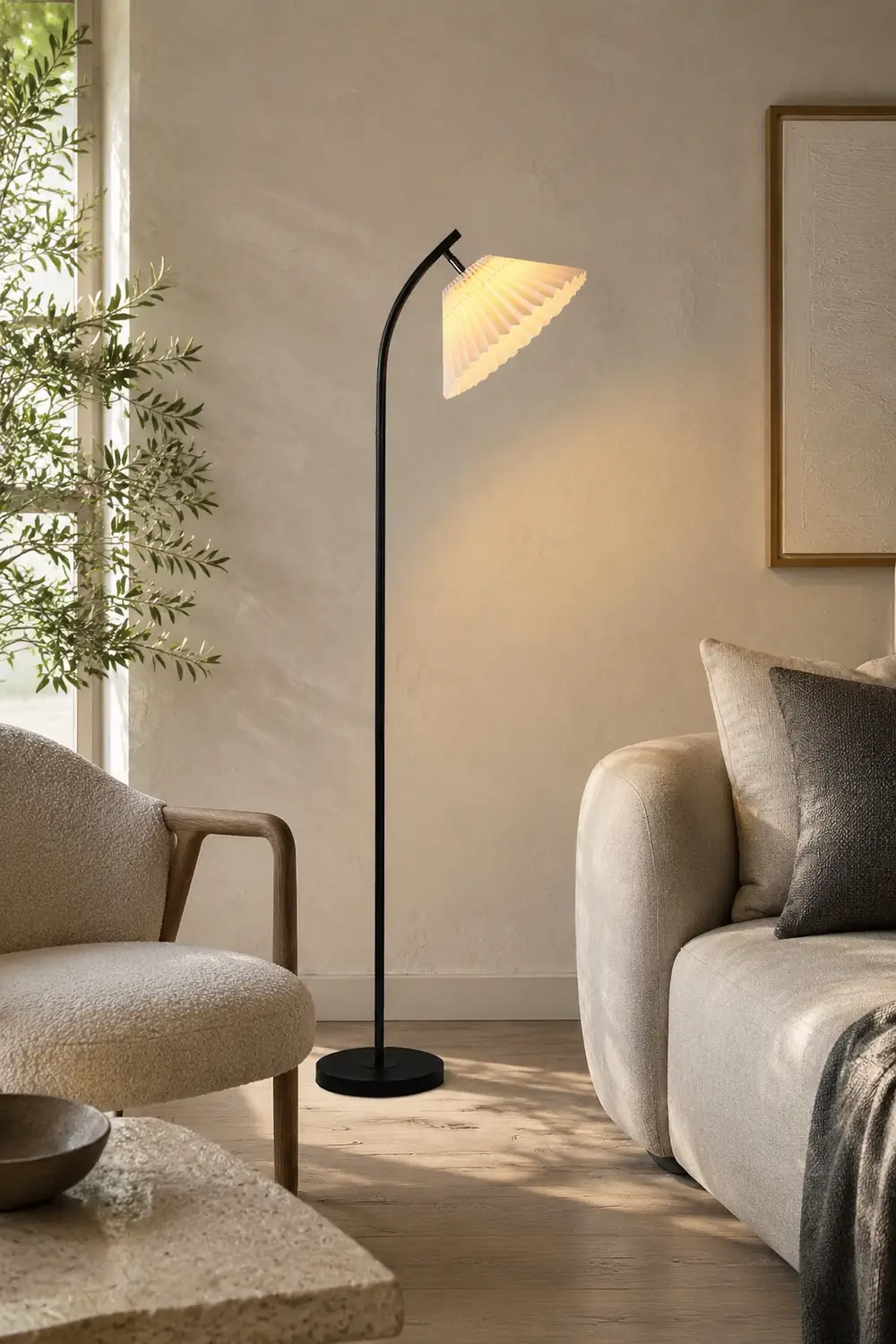 Ozawa Modern Arc Pleated Metal Fabric Floor Lamp, 3 Color - Lumpaz