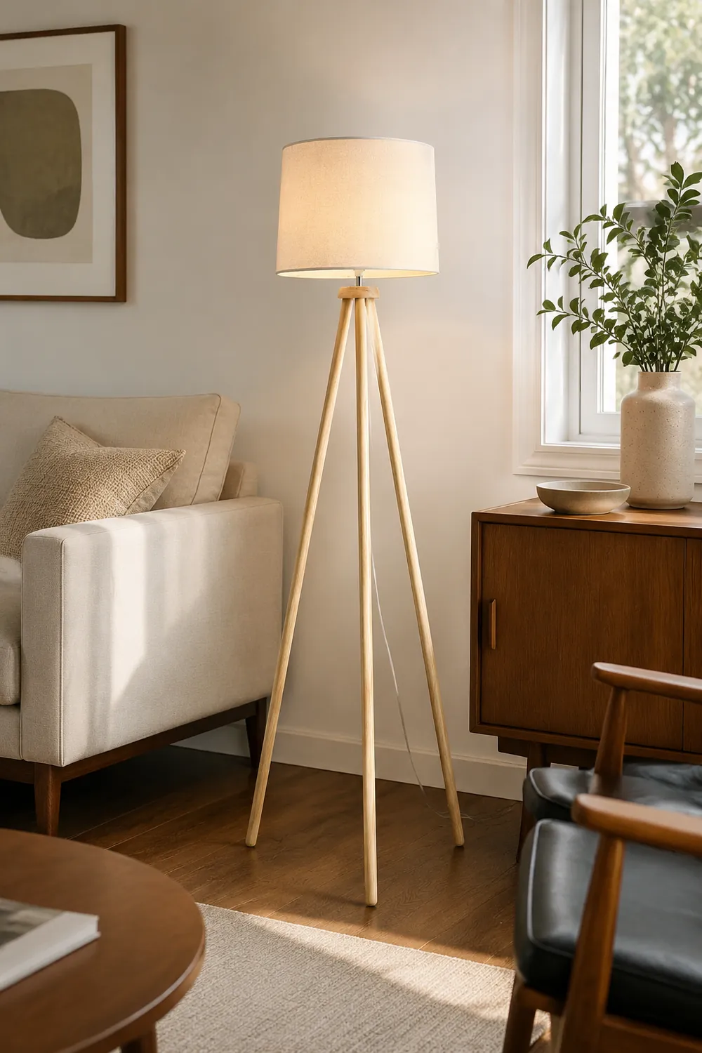 Muto Modern Cylinder Wood Fabric Floor Lamp, White/Beige - Lumpaz
