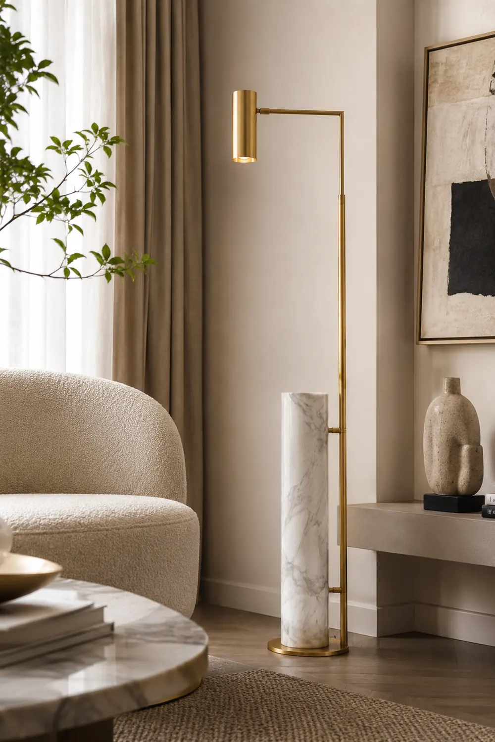 Salgado Minimalistic Gold Floor Lamp, Metal & Marble, Living room - Lumpaz