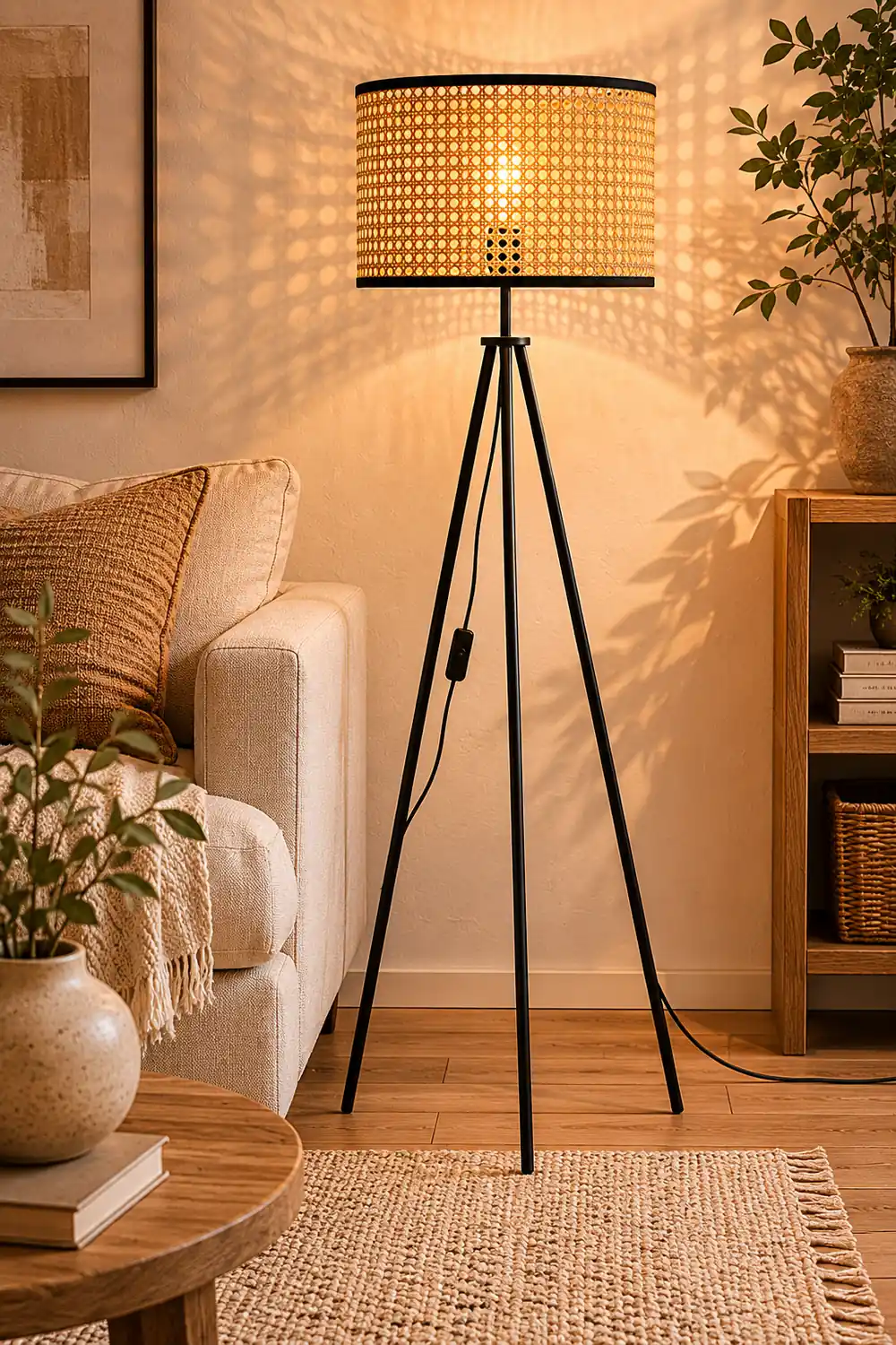 Ritta Natural Tripod Floor Lamp, Rattan/Willow Weave - Lumpaz