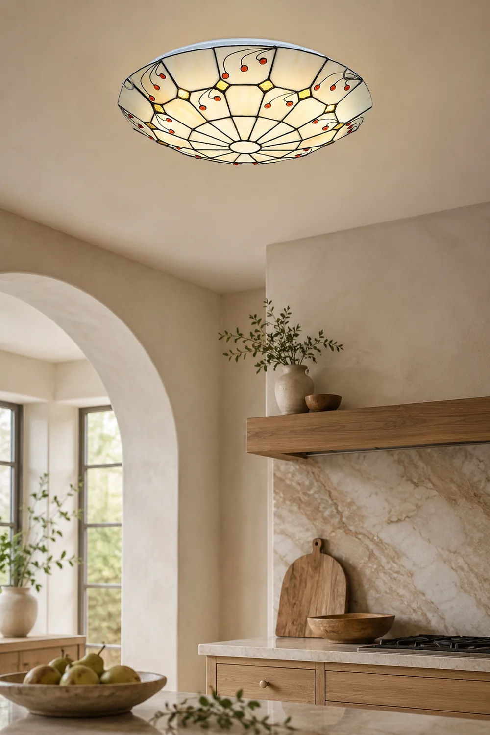 Eryn Rustic Glass Flush Mount Ceiling Light, White, Kitchen - Lumpaz