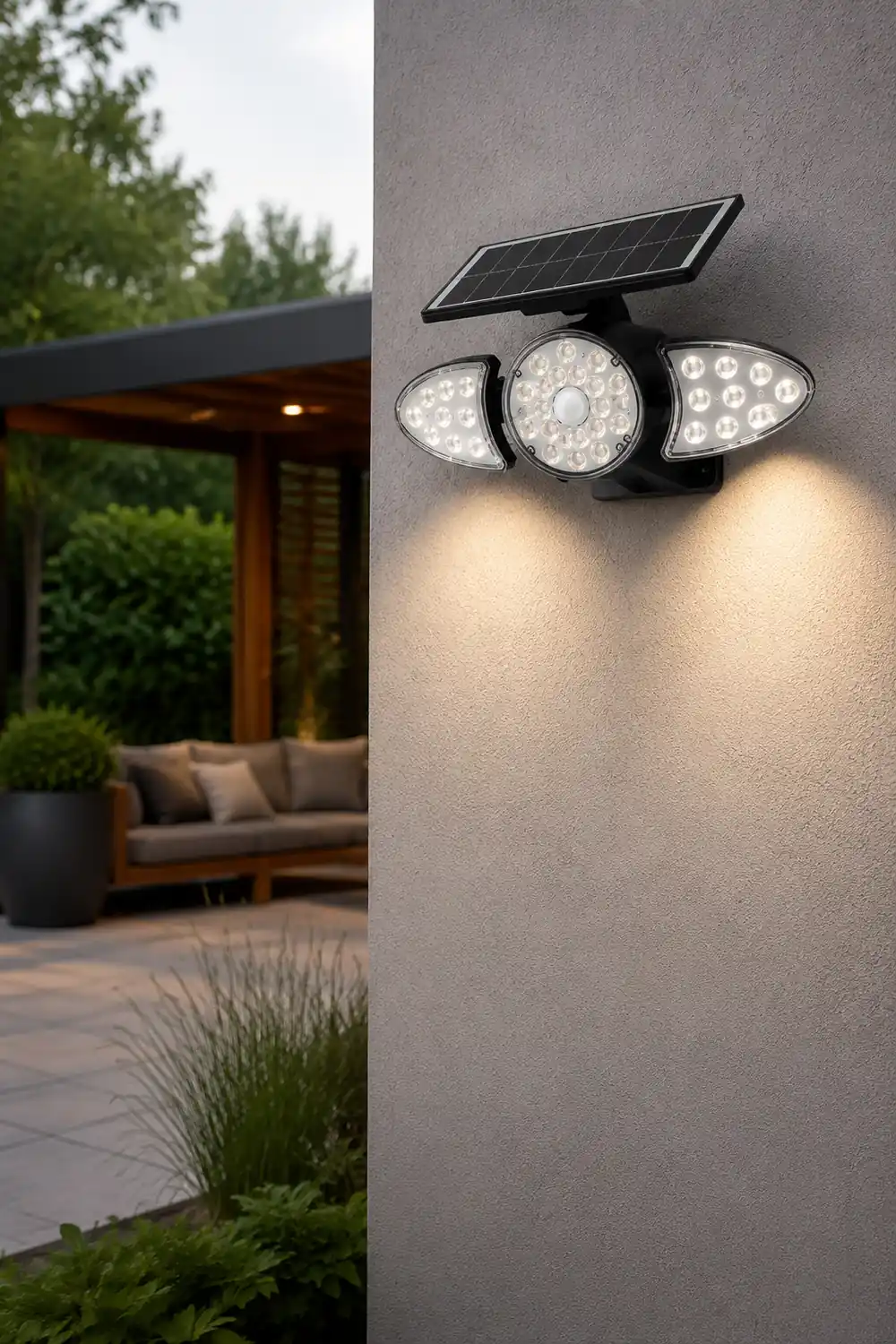 Solar Motion Security Light 3-Head Outdoor LED Wall Fixture with Motion Sensor - Lumpaz