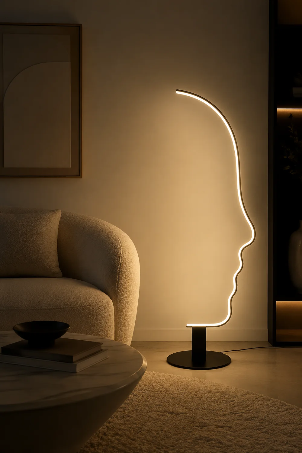Edge Human Face Profile Modern Arc Floor Lamp, Black, Metal/Silicon - Lumpaz