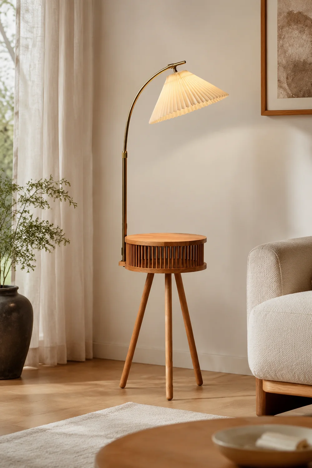 Ozawa Retro Pleated Metal & Wood Floor Lamp /w Bedside Table - Lumpaz