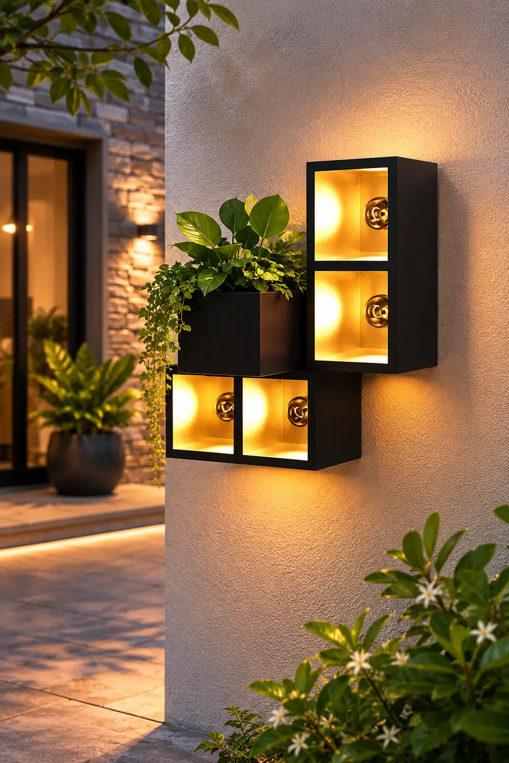 Waterproof Creative Square Combination LED Black Wall Lamp with Flowerpot - Lumpaz