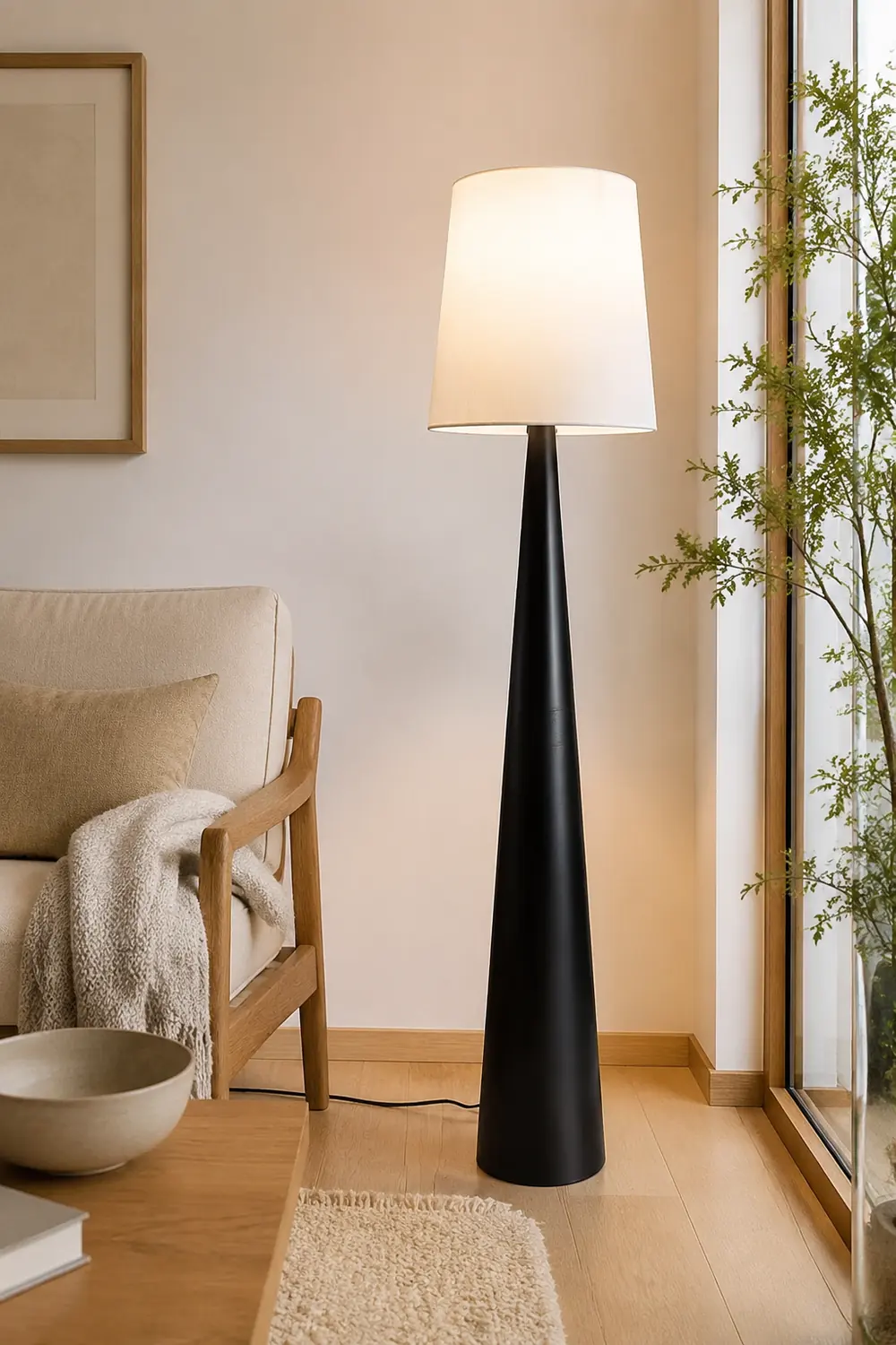 Eryn Floor Lamp Cone Shaped Nordic, Fabric Art, White, Living Room - Lumpaz