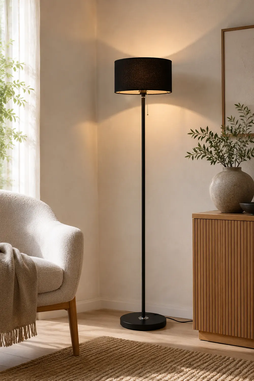 Eryn Floor Lamp Cylinder Modern, Metal/Fabric, Black/White/Gold, Bedroom - Lumpaz
