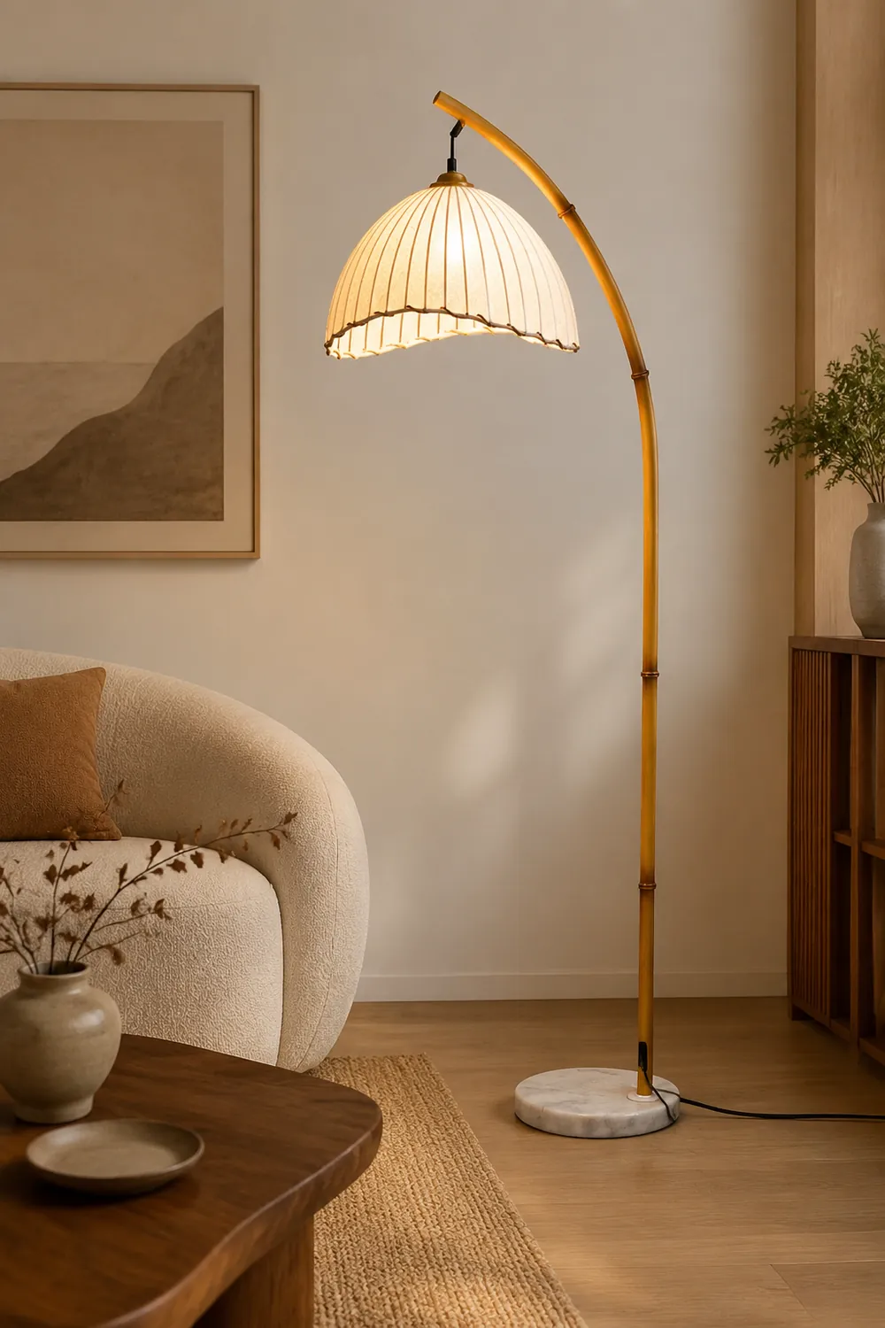 Ozawa Vintage Bamboo Shape Metal/Fabric Floor Lamp White - Lumpaz
