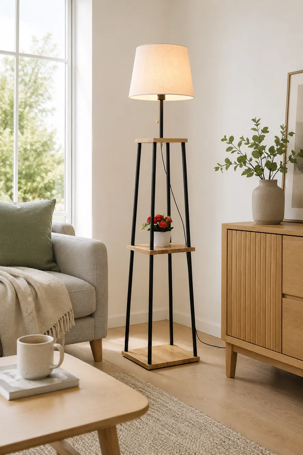 Eryn Modern Cone Metal Fabric Floor Lamp /w Shelf ,Black - Lumpaz