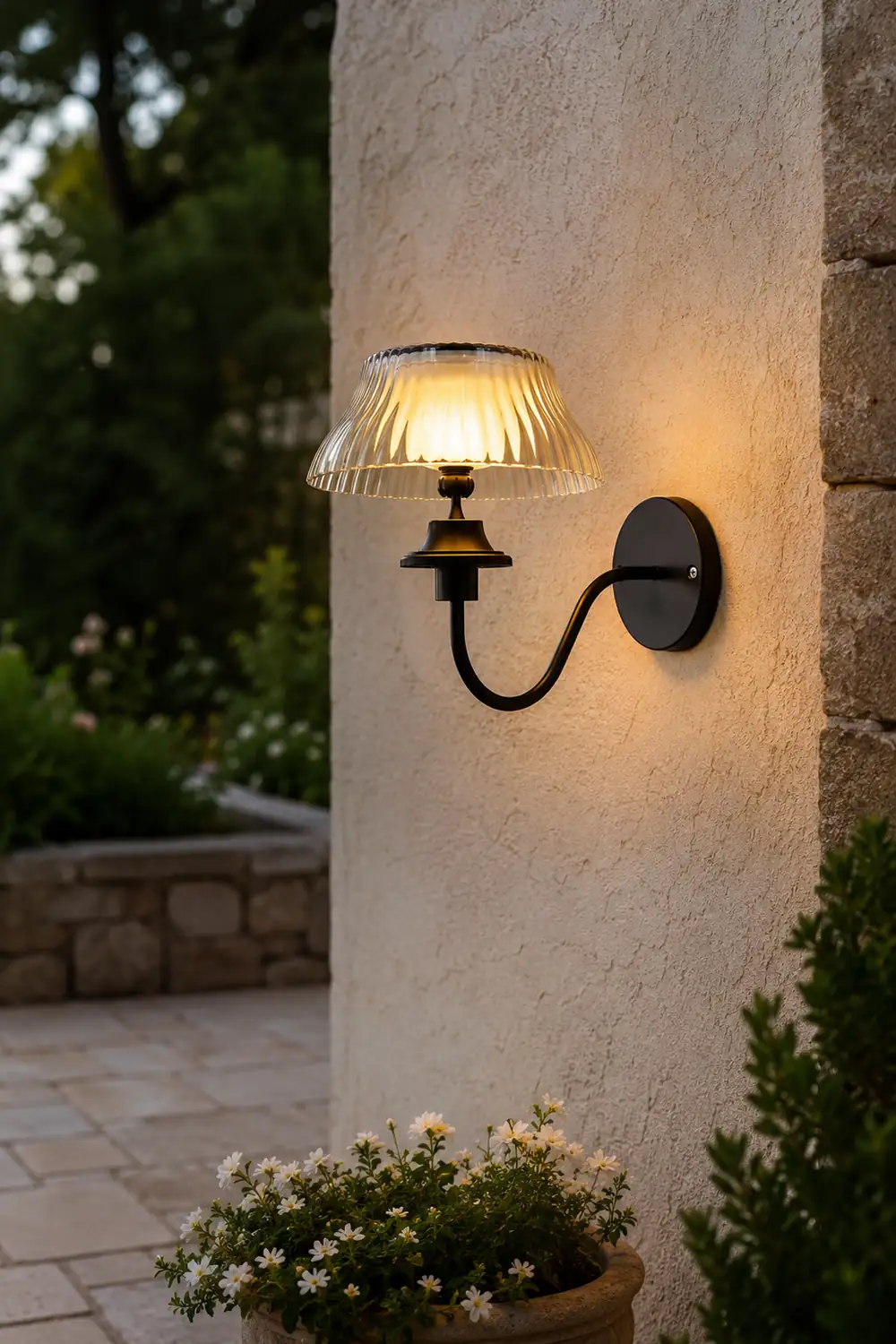 Black Metallic Arm Solar Outdoor Wall Light - Adjustable Glass Shade - Lumpaz